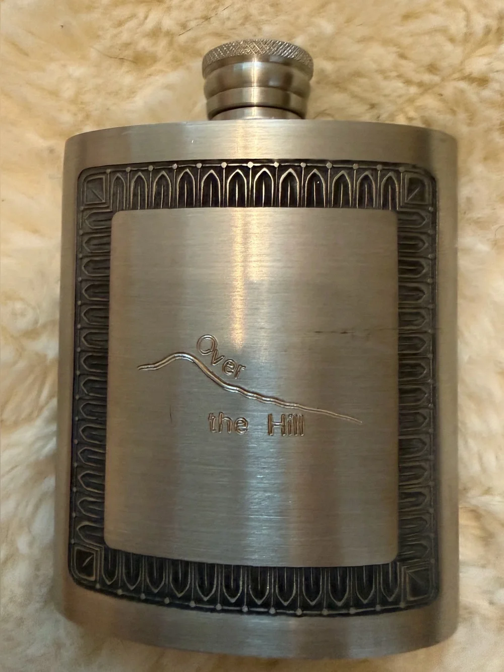 New Silver flask inscribed with “Over the Hill”